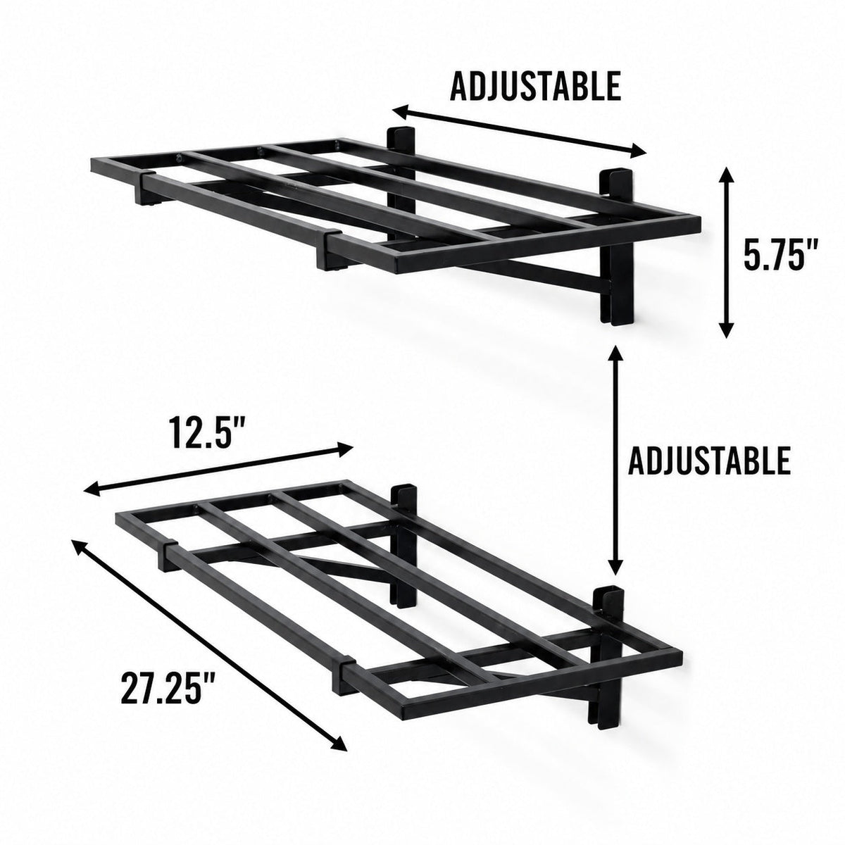 1 x 2 ft shelf dimensions: 27.25 in wide, 12.5 in deep, 5.75 in tall, adjustable spacing