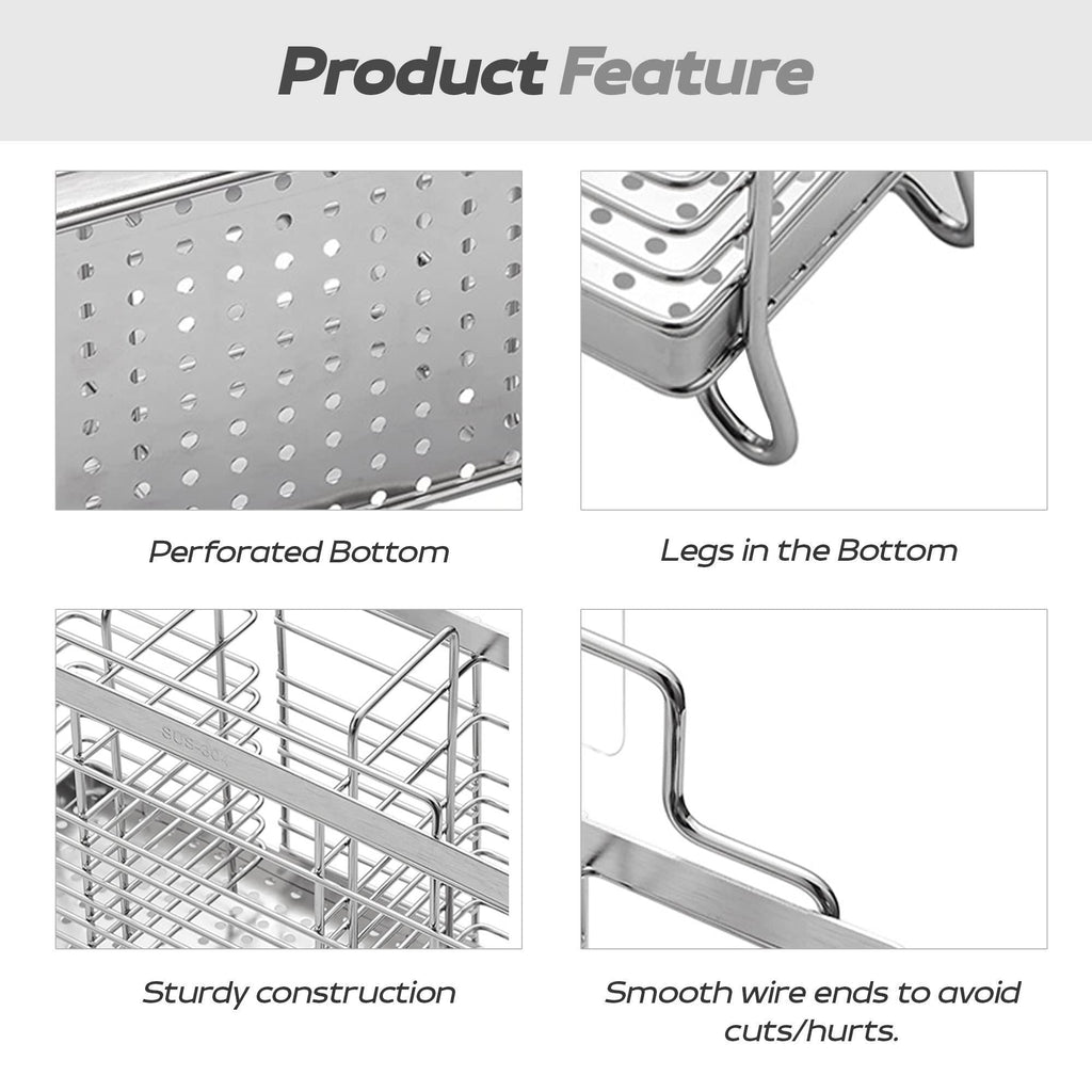 Utensil organizer details showing a perforated base, raised feet, and wire frame