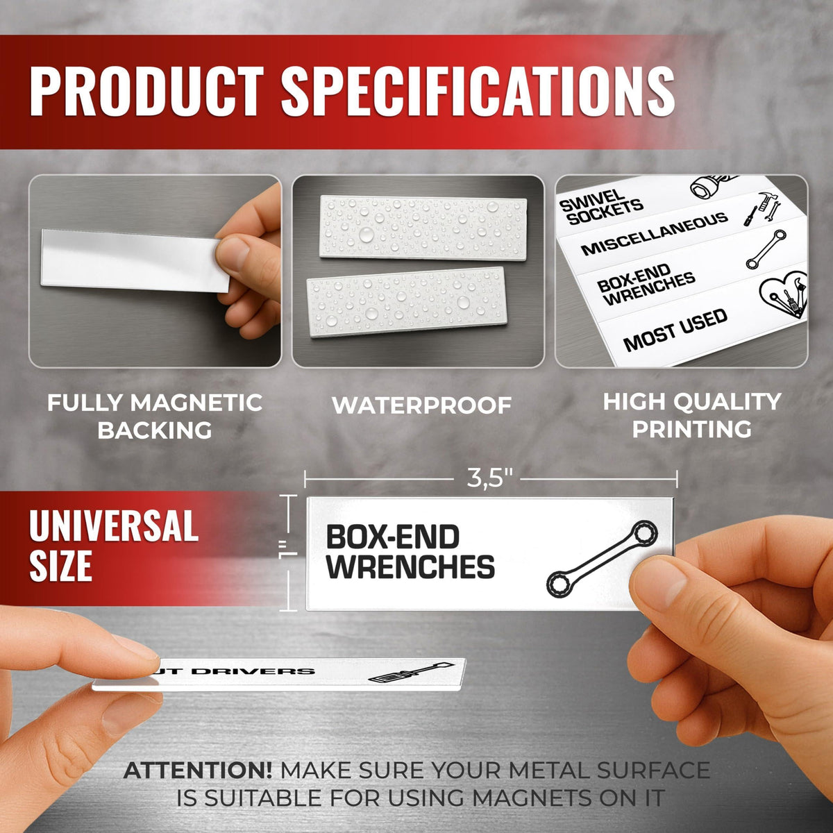 Hands showing the fully magnetic 3.5 x 1 inch toolbox labels and their printed surface