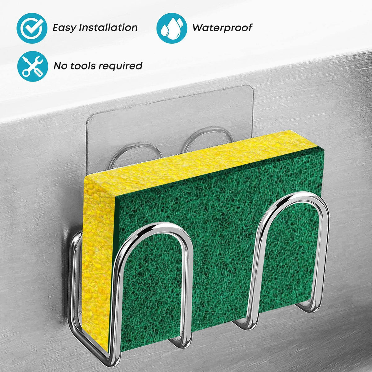Stainless steel adhesive sponge holder with a green-and-yellow scrub sponge and a no-tool installation graphic