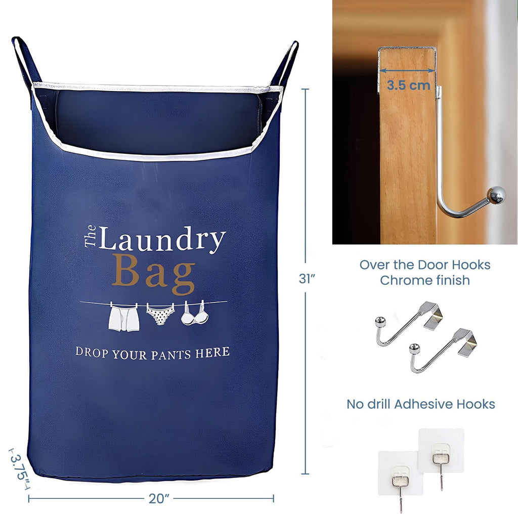Printed navy hamper dimensions: 20 x 3.75 x 31 inches, with mounting hooks