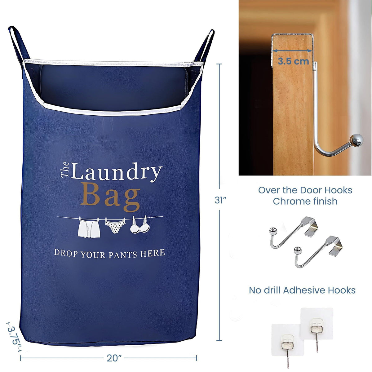 Printed navy hamper dimensions: 20 x 3.75 x 31 inches, with mounting hooks