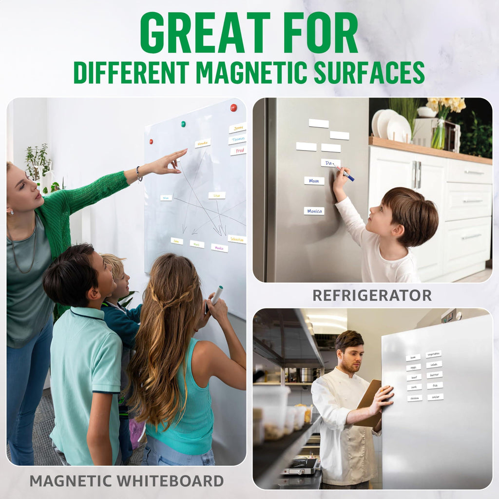 Small white magnetic labels used on whiteboards and refrigerators