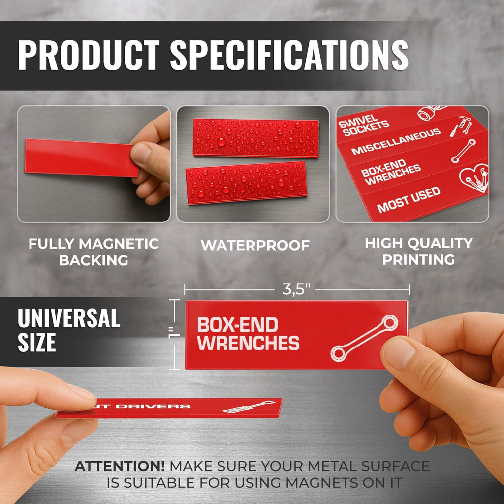 Red toolbox label size, 3.5 x 1 inches, with magnetic backing details
