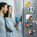 Black magnetic sleeves displaying family photographs on a refrigerator