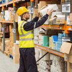 Horizontal document sleeves identifying stock on warehouse shelves