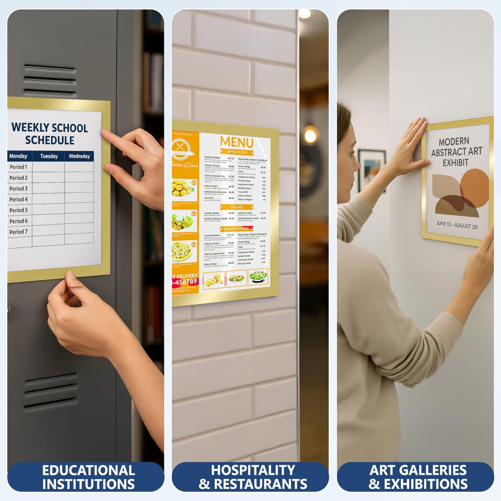 Sign holders displaying a school schedule, a restaurant menu and an exhibit poster