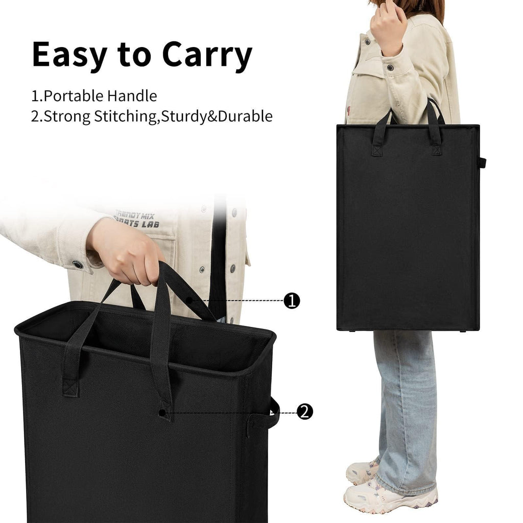Black laundry hamper carried by its long reinforced handles
