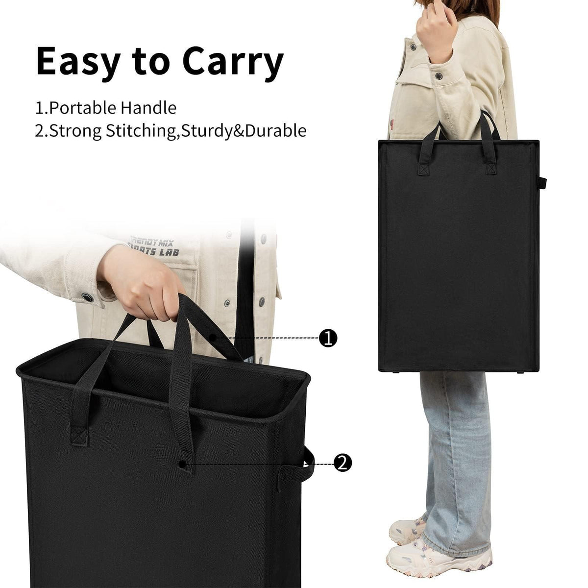 Black laundry hamper carried by its long reinforced handles
