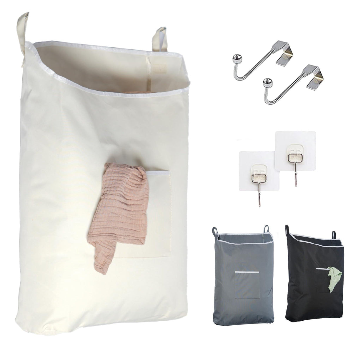 Beige over-the-door laundry hamper with a front pocket, two metal hooks, and adhesive mounts