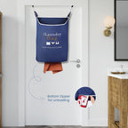 Printed navy hamper unloading clothes through its bottom zipper