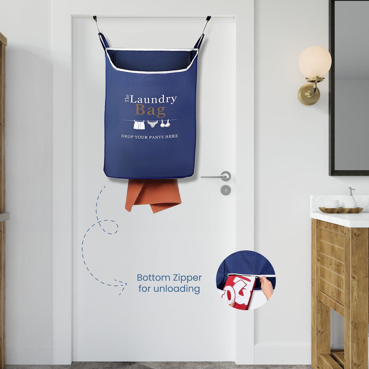 Printed navy hamper unloading clothes through its bottom zipper