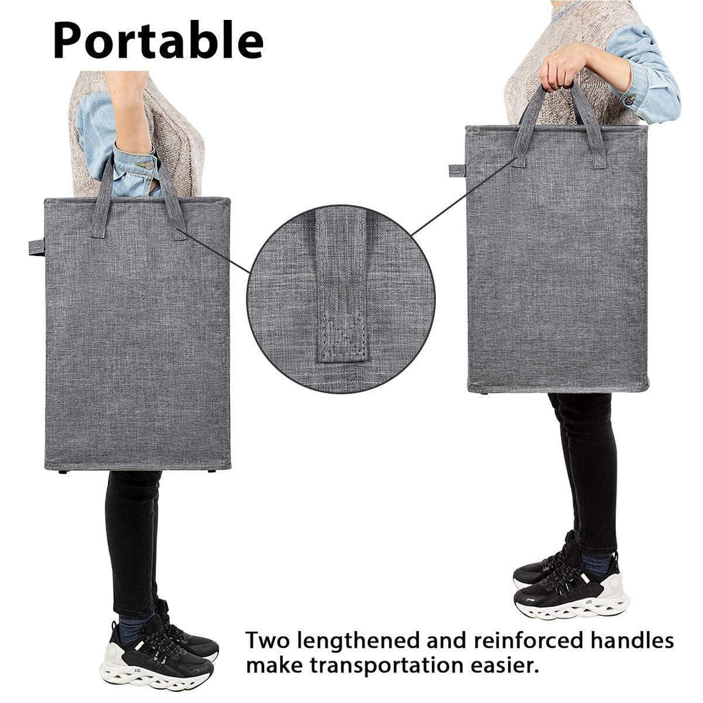 Dark gray hamper being carried by two reinforced long handles