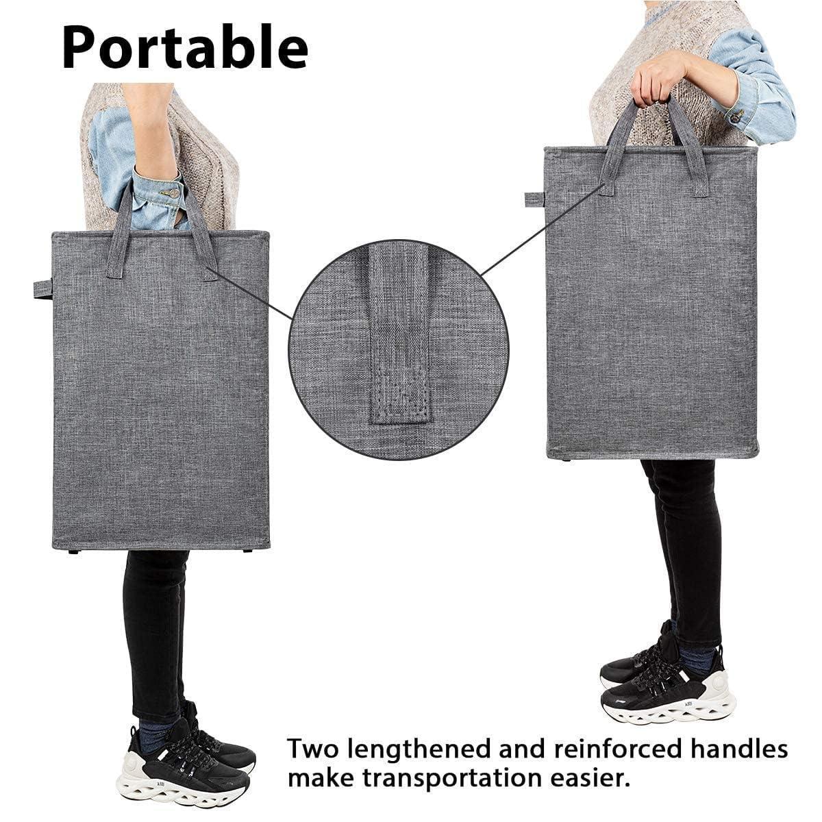 Dark gray hamper being carried by two reinforced long handles