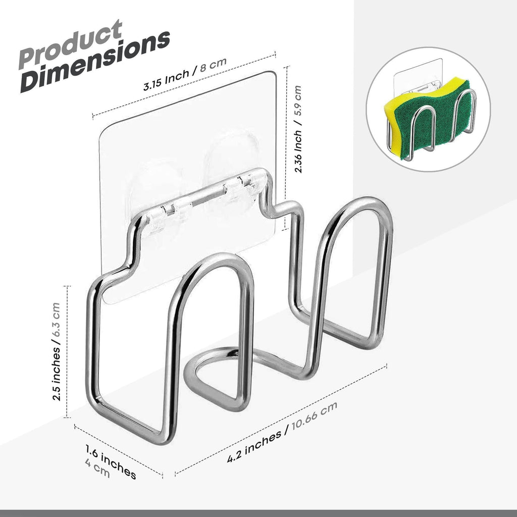 Sponge holder dimensions: 4.2 in wide, 1.6 in deep, 2.5 in tall; adhesive plate 3.15 x 2.36 in