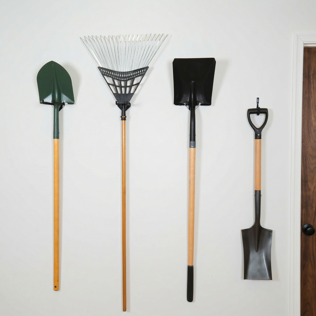 Four yard tools hanging on Simple Hooks on a white wall