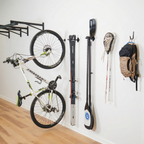 Simple Hooks holding a bike, paddles, a lacrosse stick and a backpack