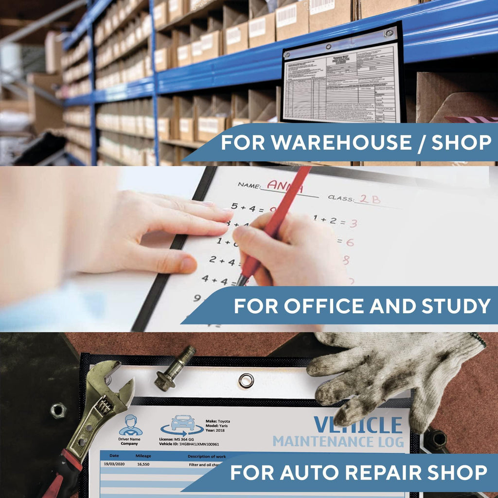 Document sleeves used for warehouse labels, study pages and vehicle maintenance records