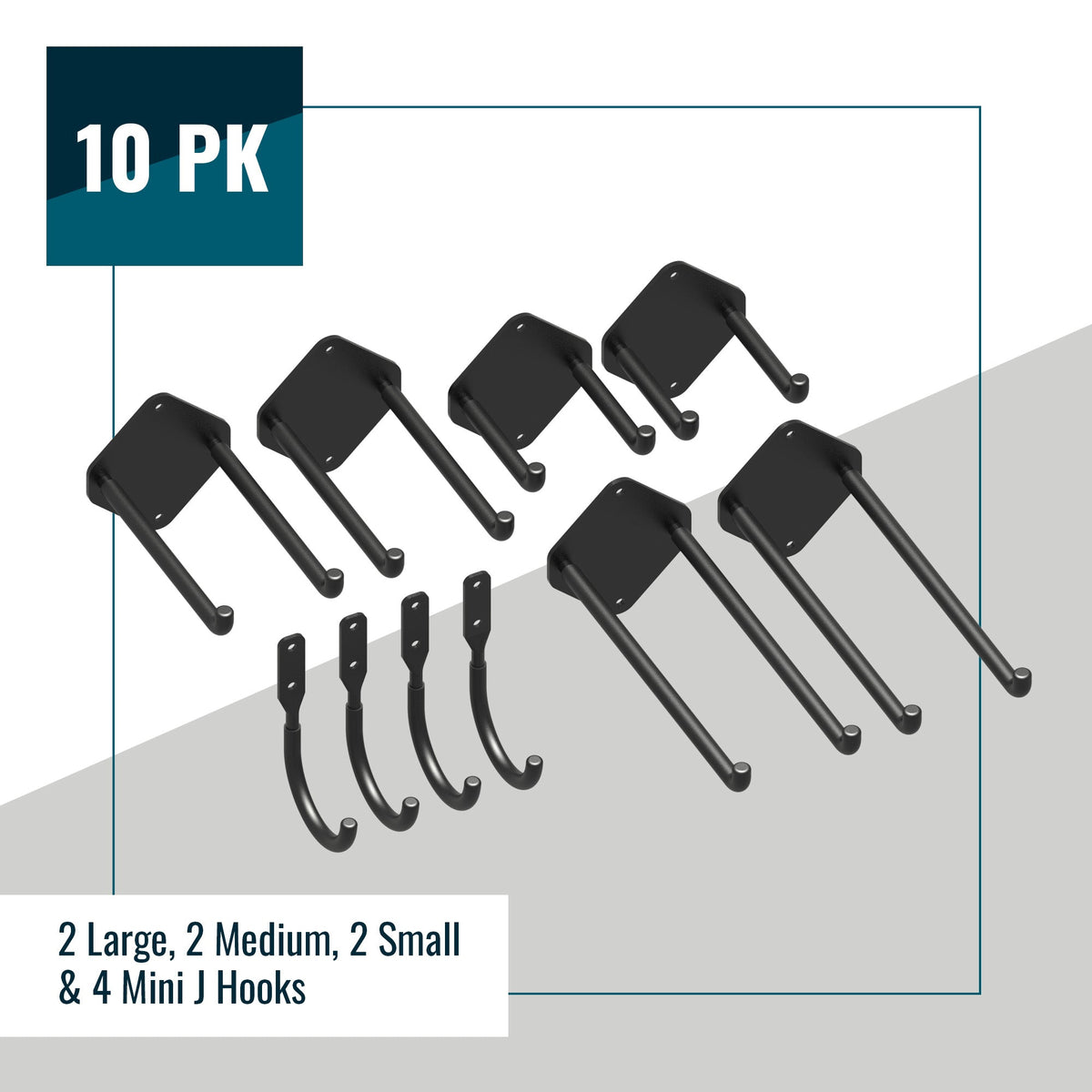 10-pack Simple Hooks kit: 2 large, 2 medium, 2 small and 4 mini J hooks