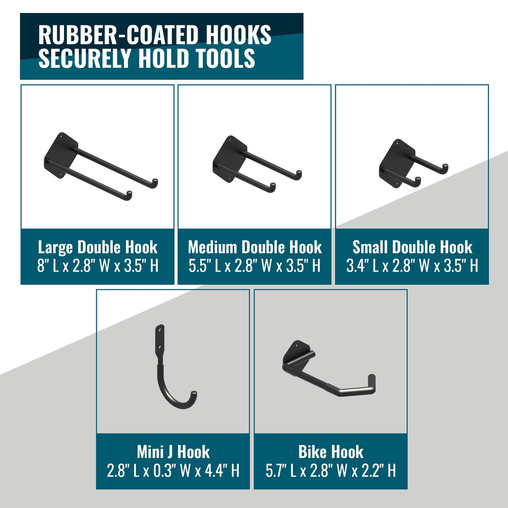 Rubber-coated hook sizes: large, medium and small double hooks, mini J hook and bike hook