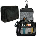 Black hanging mesh shower caddy shown closed and open with toiletries inside