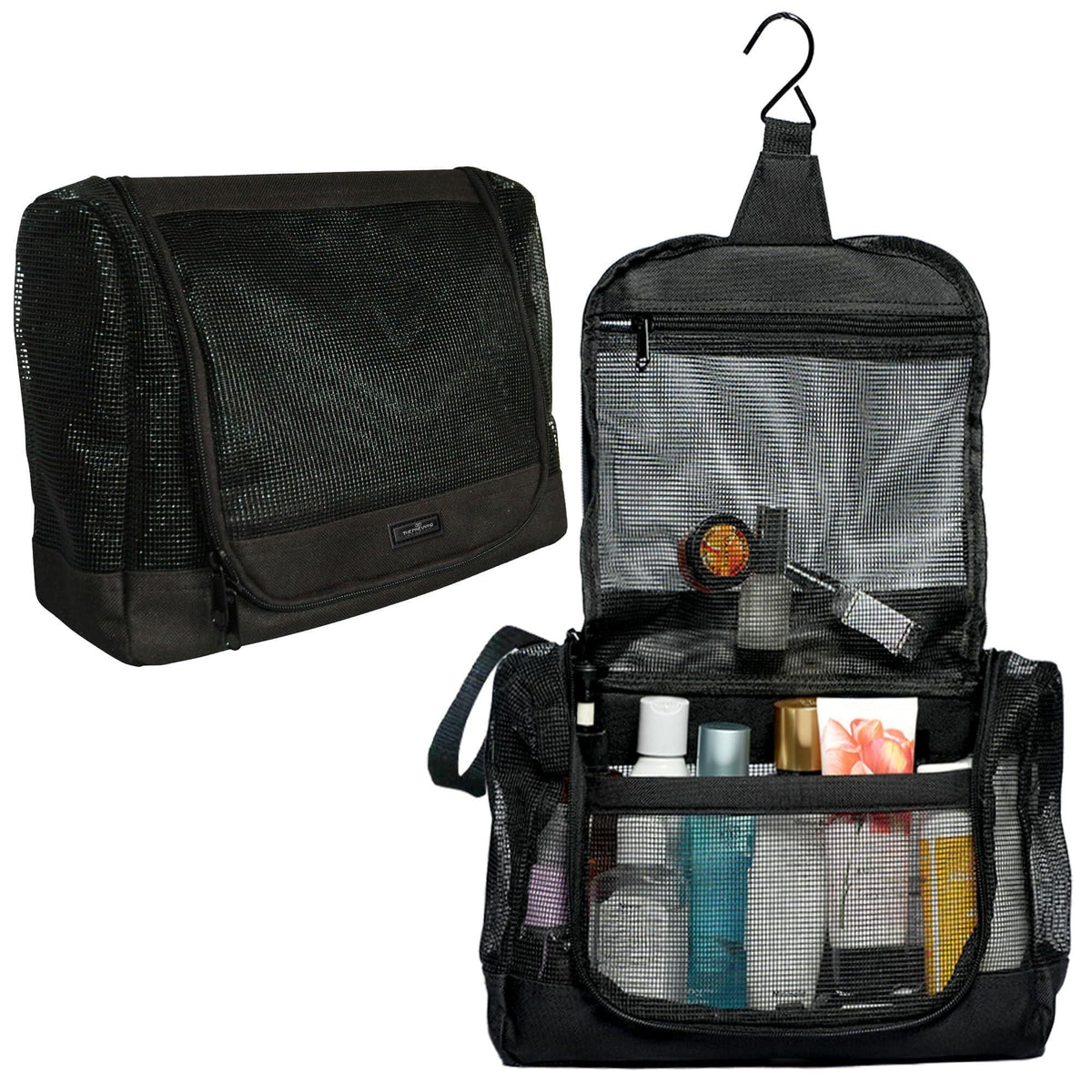 Black hanging mesh shower caddy shown closed and open with toiletries inside
