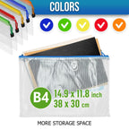 B4 mesh zipper bag holding folders with a 14.9 x 11.8-inch size diagram and zipper color options