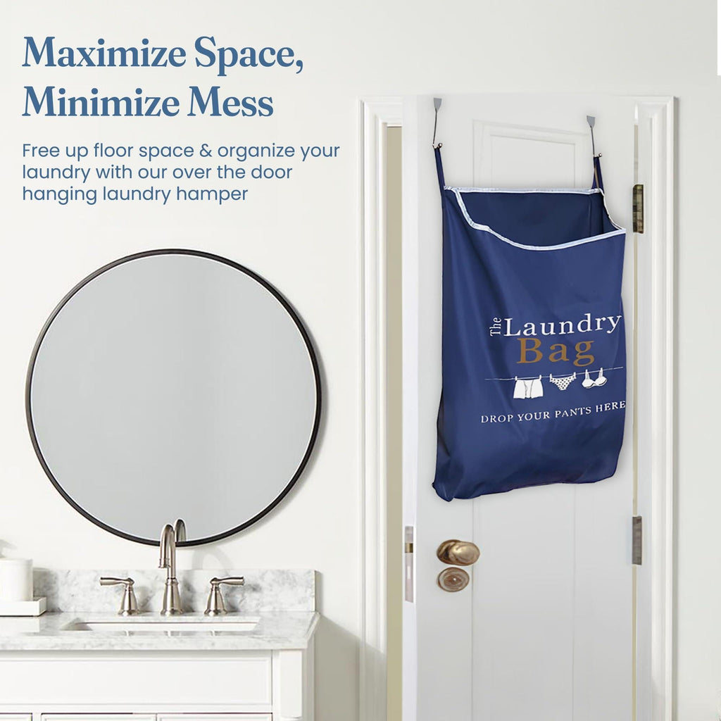 Printed navy laundry hamper hanging behind a bathroom door