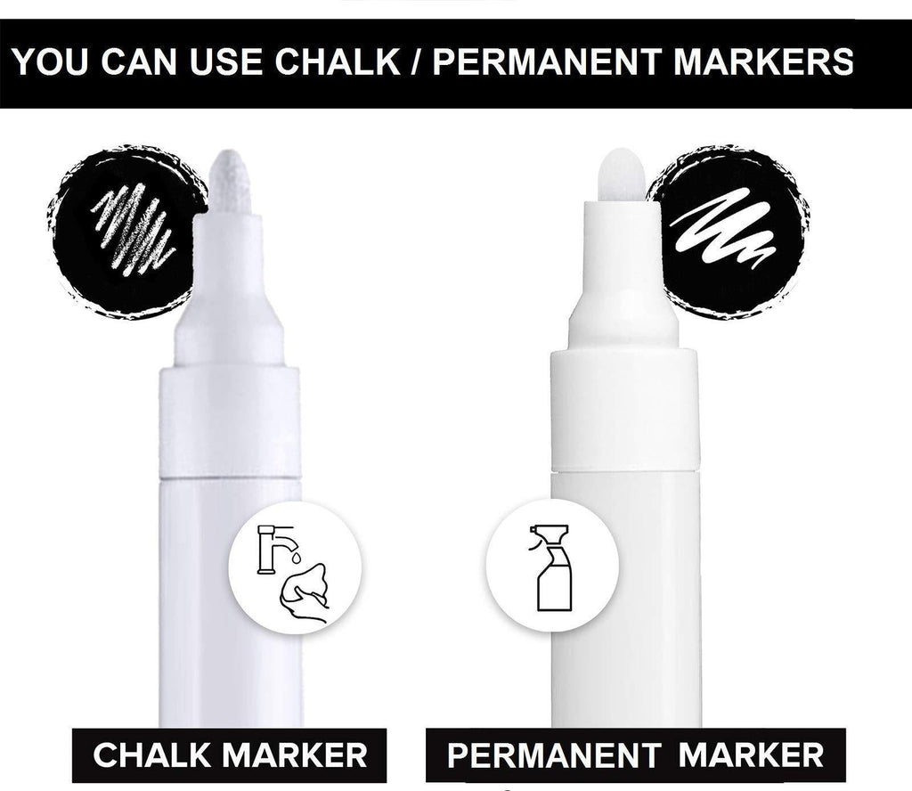 Chalk and permanent marker options illustrated for black chalkboard tent signs