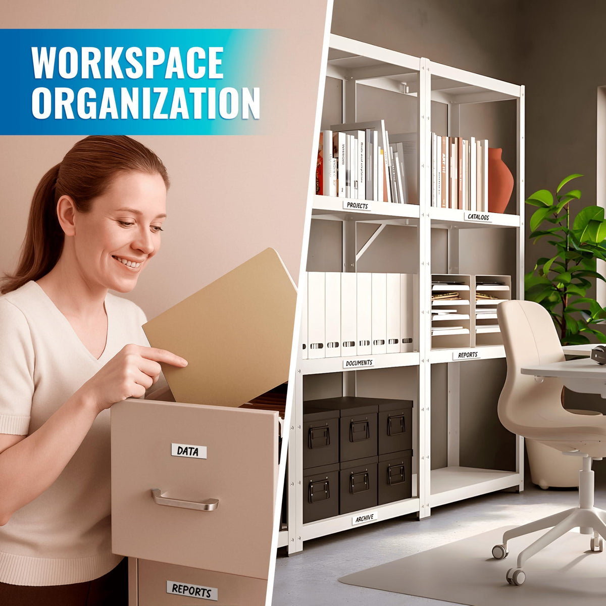 Custom magnetic labels organizing a file cabinet and home-office shelving