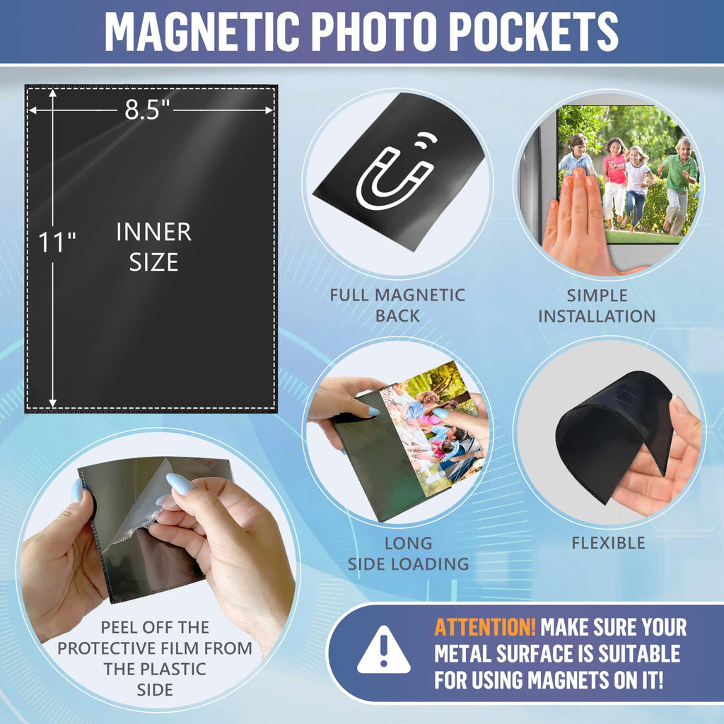 Black magnetic sleeve showing letter-size dimensions and long-side loading