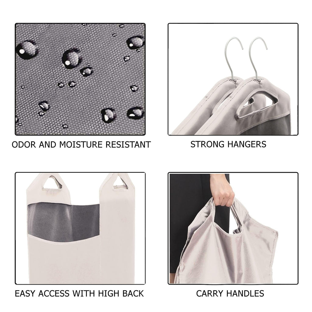 Beige closet hamper details showing fabric, hanger supports, open top, and carry handles