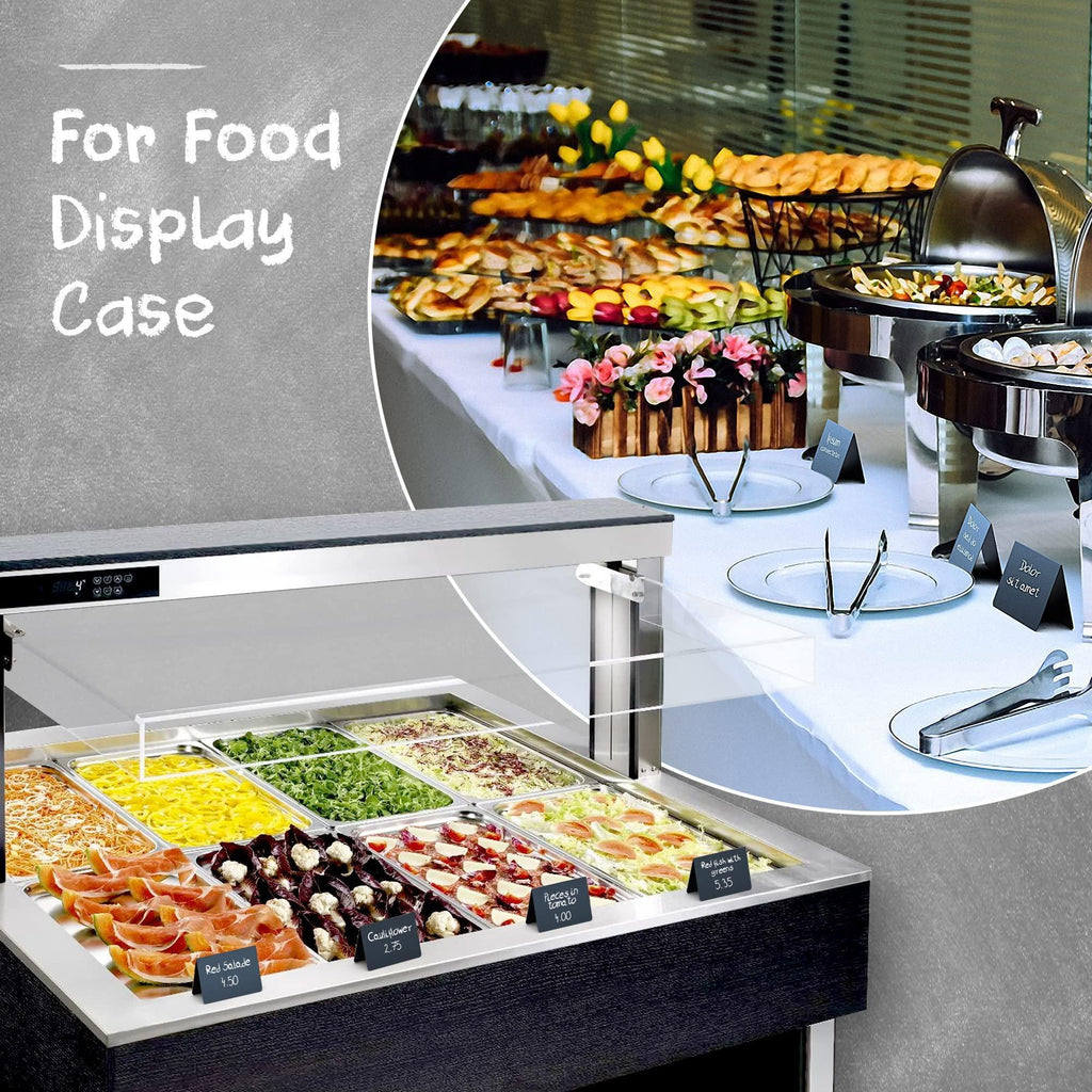 Mini chalkboard tent signs labeling food in a display case