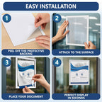 Four steps to install the white sign holder on a glass door: peel, attach, place your document, display