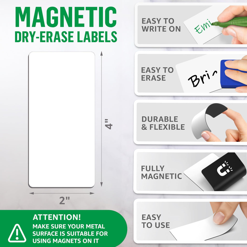 2 x 4 inch magnetic label showing writable surface, flexibility, and magnetic backing