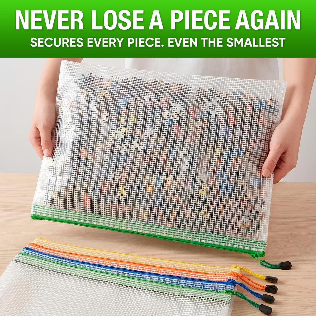 Large mesh zipper bag holding small building pieces with additional bags stacked below