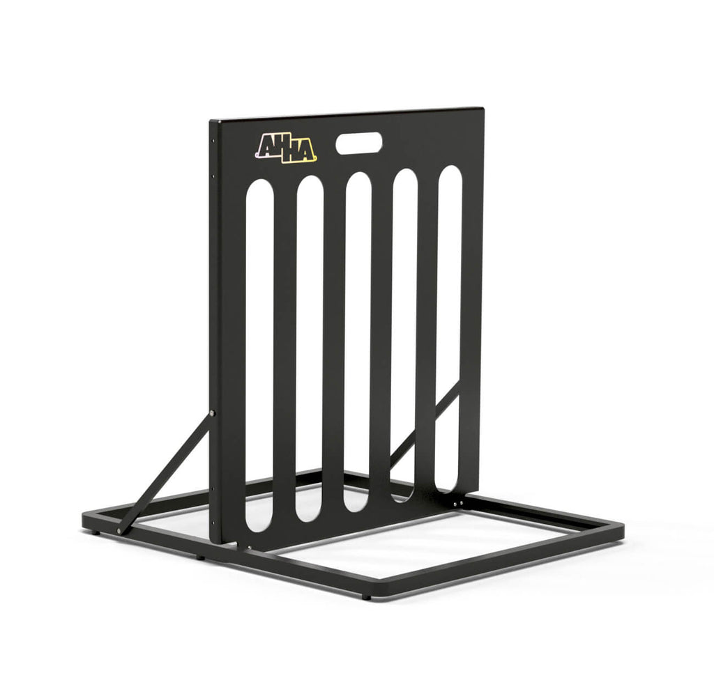 Black folding bike stand with five wheel slots, front angle