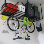 Overhead ceiling rack with bins and add-on hooks (sold separately) holding a bike, hose and helmet