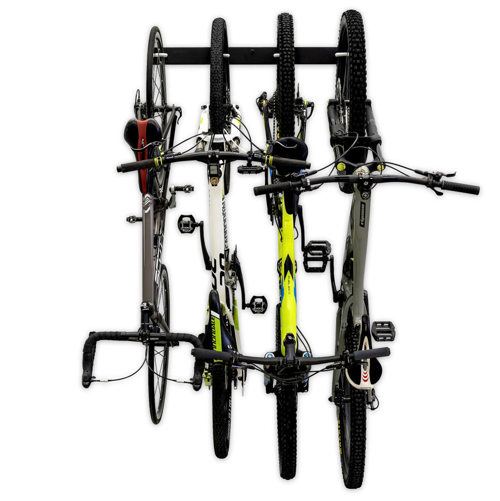Four bikes hanging on the Blackstone rack, front view