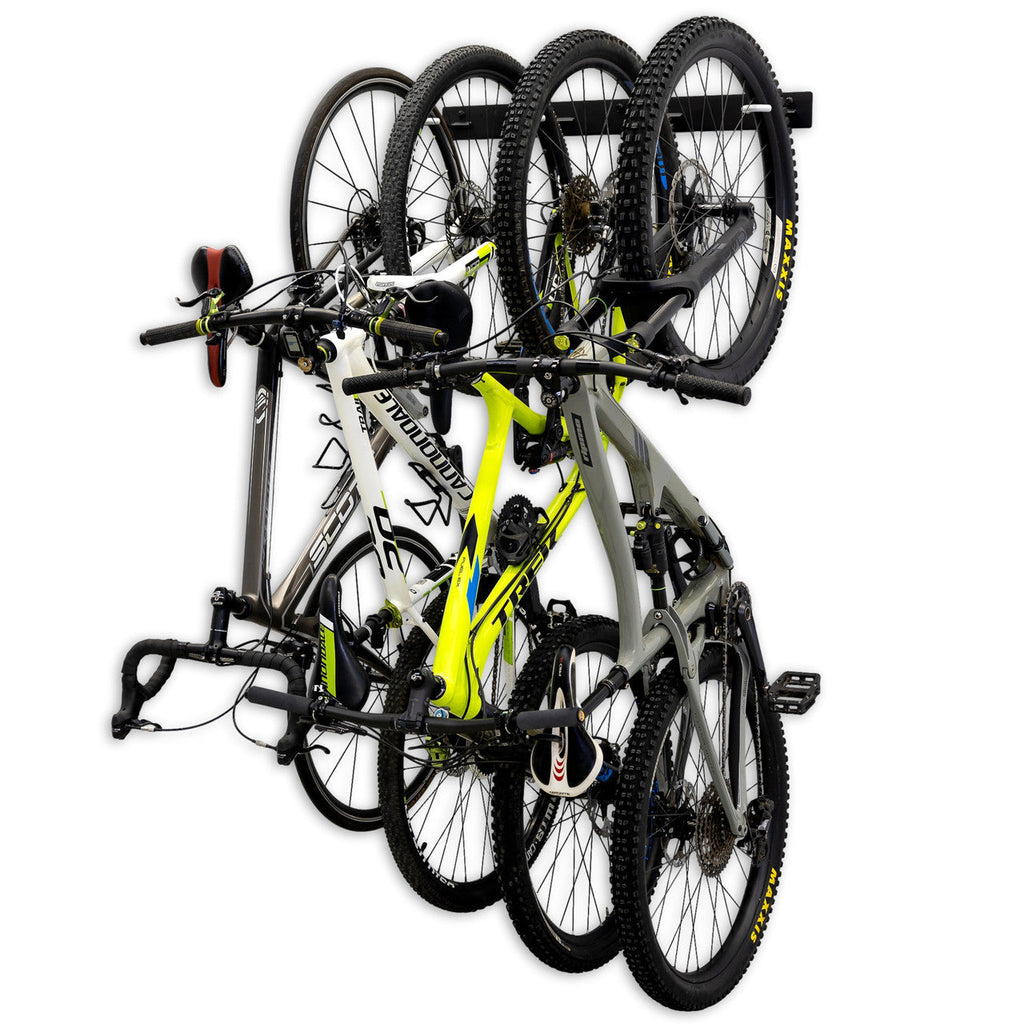 Four bikes hanging vertically on the Blackstone 4-bike wall rack