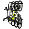 Four bikes hanging vertically on the Blackstone 4-bike wall rack