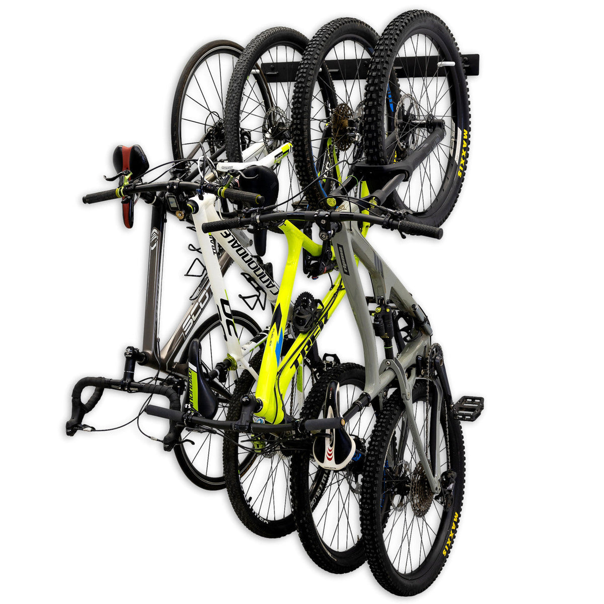 Four bikes hanging vertically on the Blackstone 4-bike wall rack