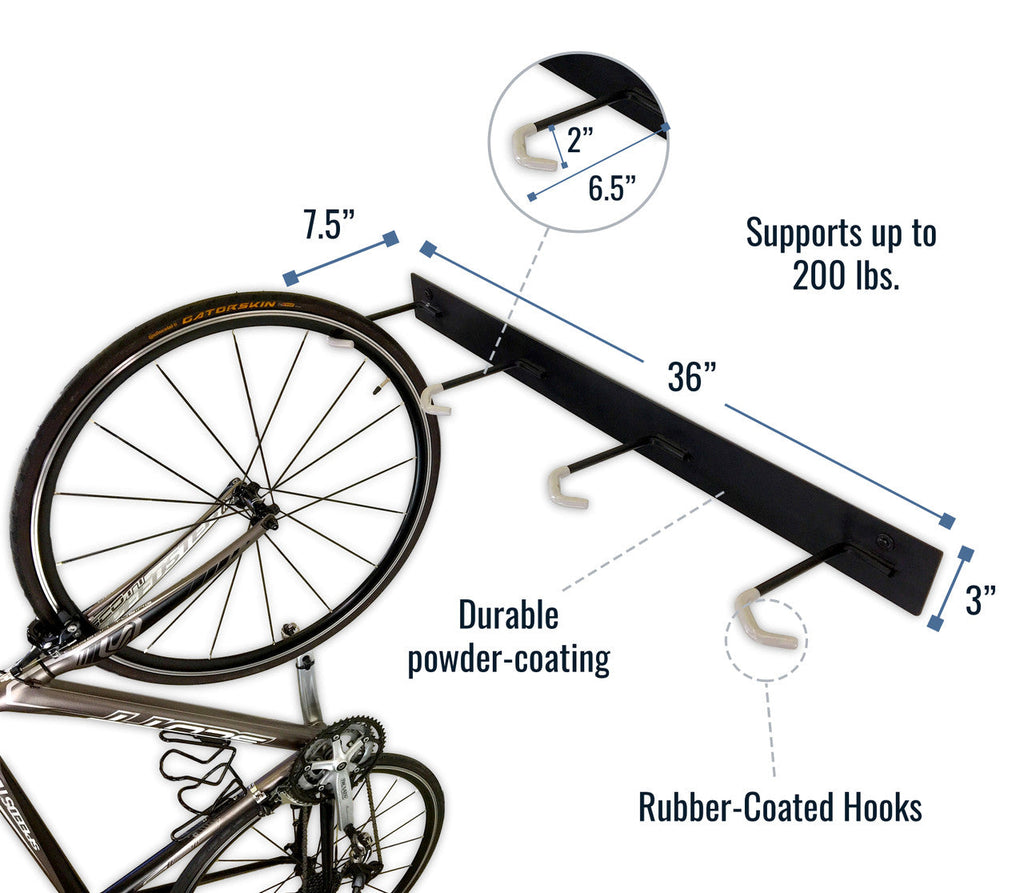Blackstone 4-bike rack: 36 in rail, supports up to 200 lb, powder-coated steel, rubber-coated hooks