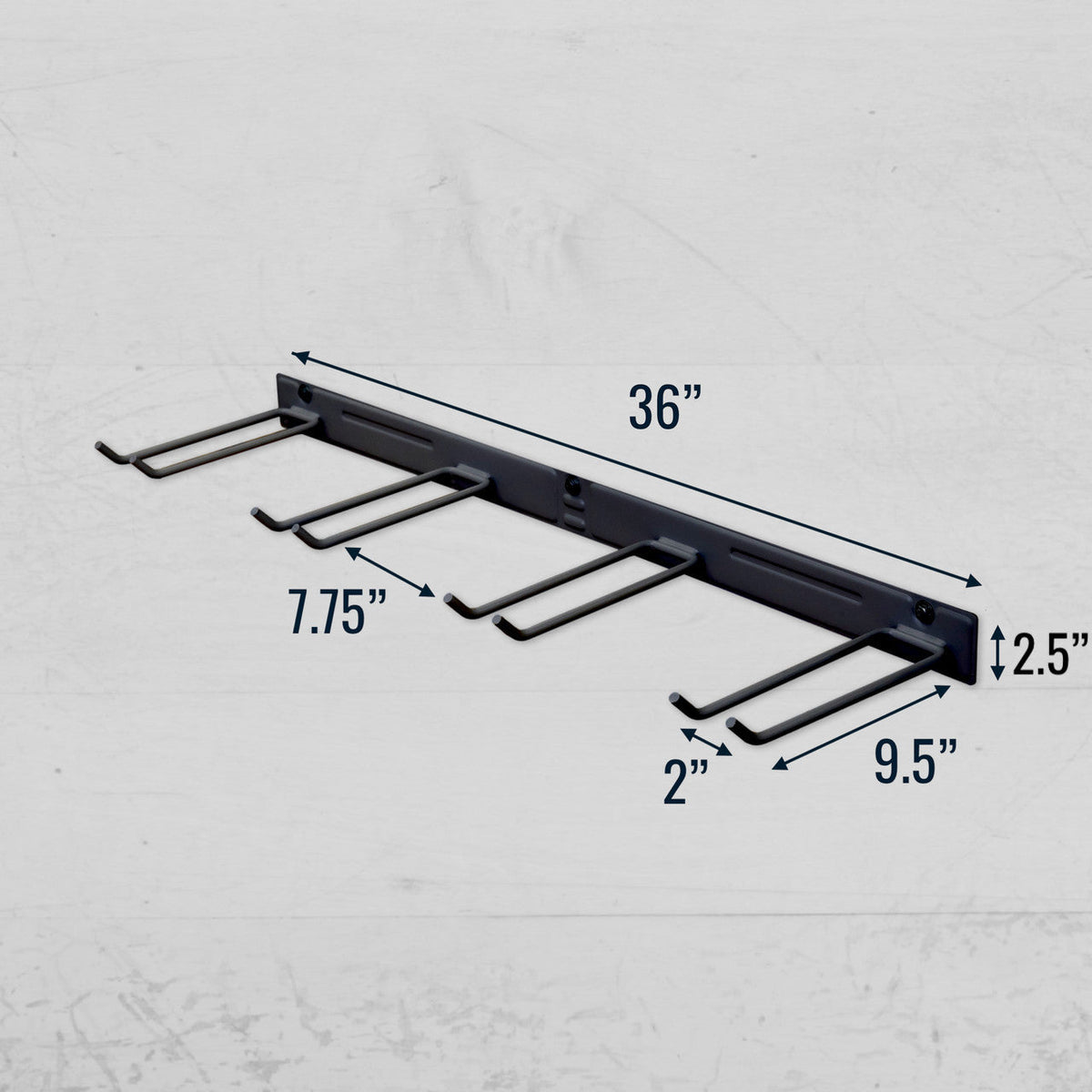 Black garden tool organizer dimensions: 36 in long, 7.75 in between hooks, 9.5 in deep, 2.5 in tall