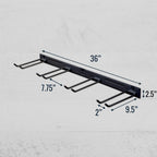 Black garden tool organizer dimensions: 36 in long, 7.75 in between hooks, 9.5 in deep, 2.5 in tall