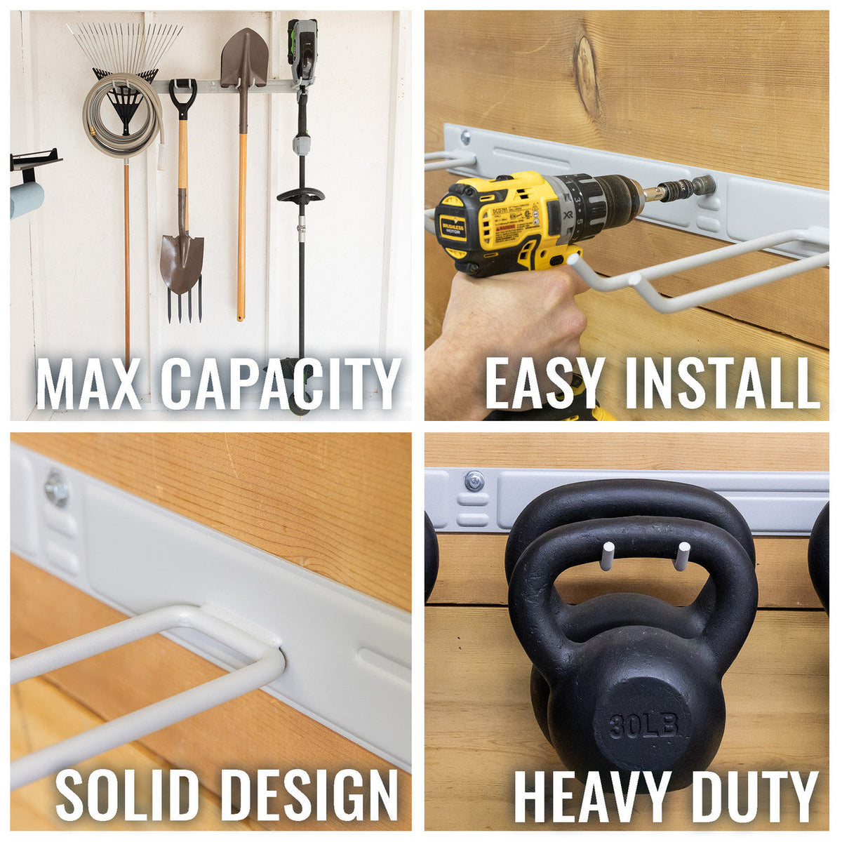 Gray garden tool organizer features: max capacity, easy install, solid design, heavy duty
