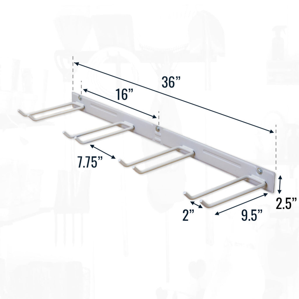 Gray garden tool organizer dimensions: 36 in long, 16 in stud spacing, 7.75 in between hooks, 9.5 in deep