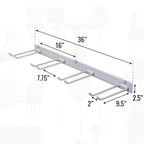 Gray garden tool organizer dimensions: 36 in long, 16 in stud spacing, 7.75 in between hooks, 9.5 in deep