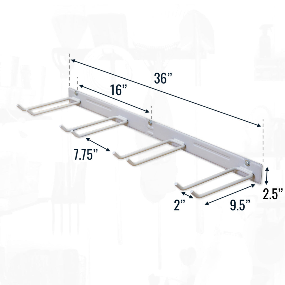 Gray garden tool organizer dimensions: 36 in long, 16 in stud spacing, 7.75 in between hooks, 9.5 in deep