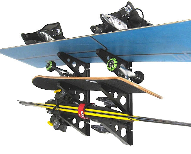 Snowboard, skateboard and skis stored on the Trifecta racks